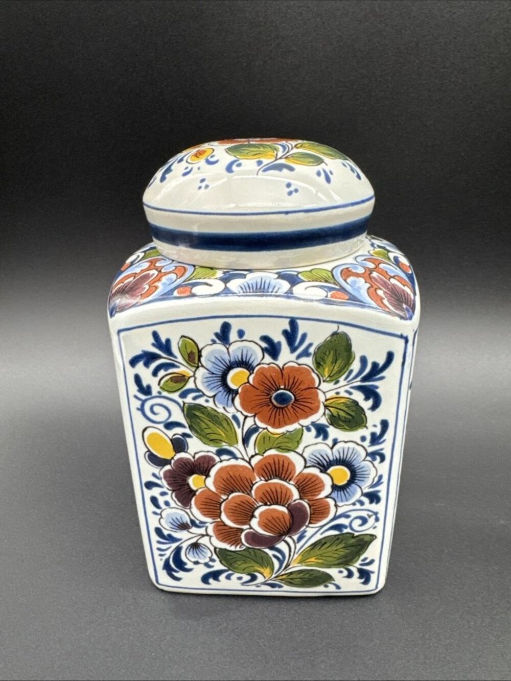 Vintage Delft Blue Floral Tea Caddy Jar Lid Hand Painted 841 Holland Ginger Jar